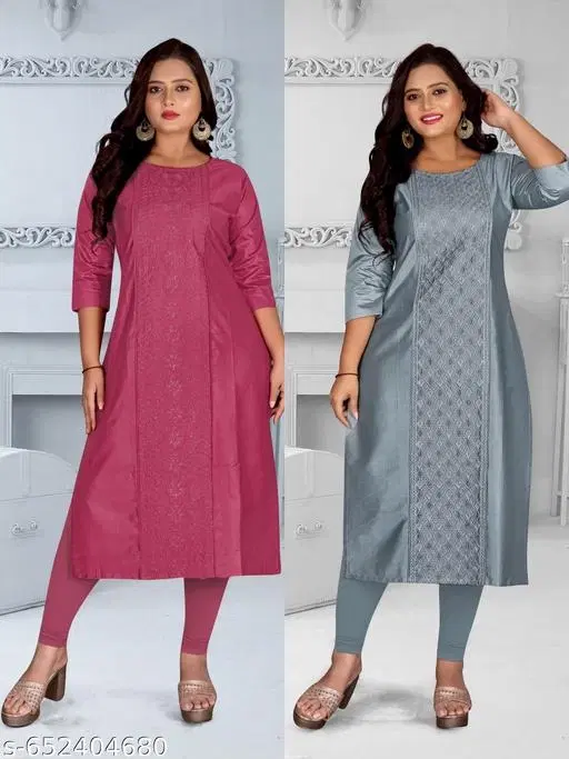 Solid Button Chanderi Cotton Kurti for Women, Pack of 2 (Multicolor, L)