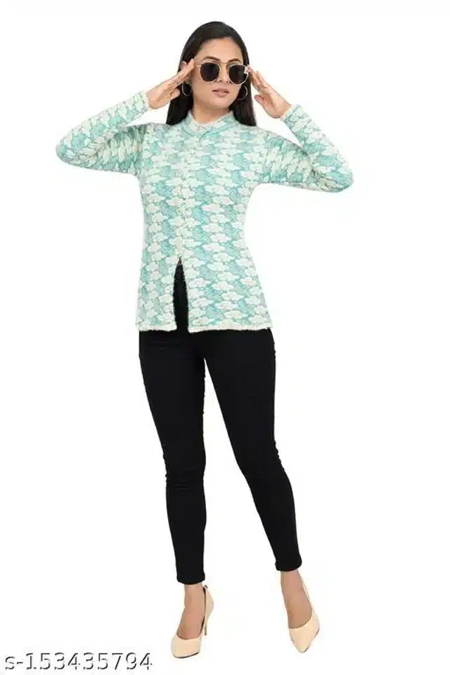 Woolen Sweater for Women (Sky Blue & White, M)