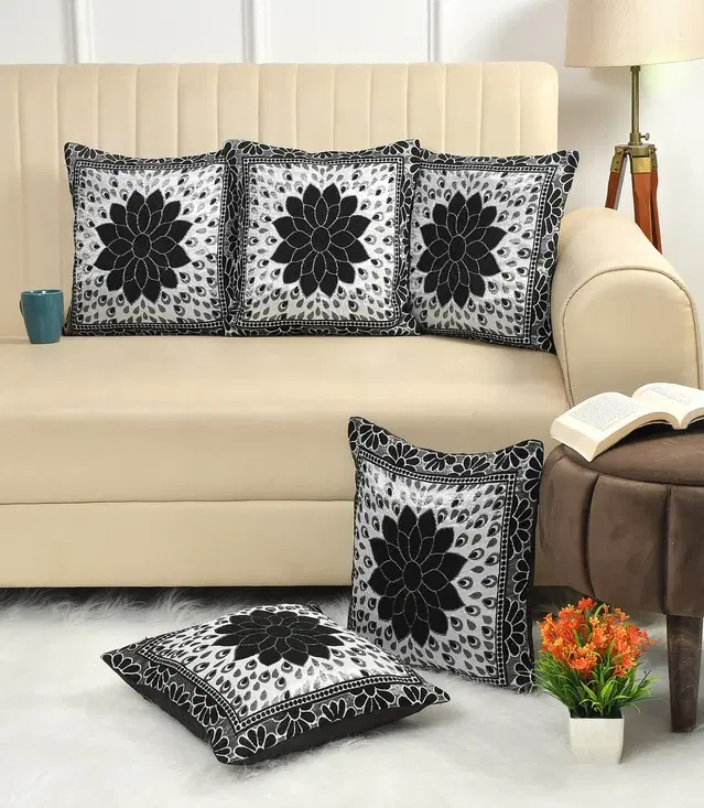Jute Printed Cushion Covers, Silver & Black, 16x16 inches, Pack of 5