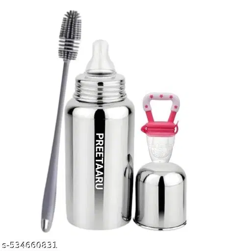 Steel Feeding Bottle, Soft Silicone Fruit Nibbler With Bottle Cleaning Brush
