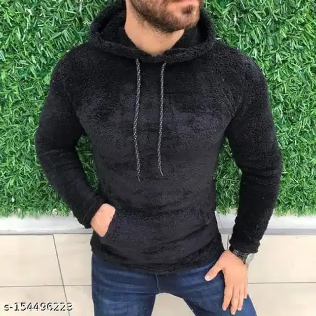 Woolen Full Sleeves Hooded Sweatshirt for Men (Black, XL)