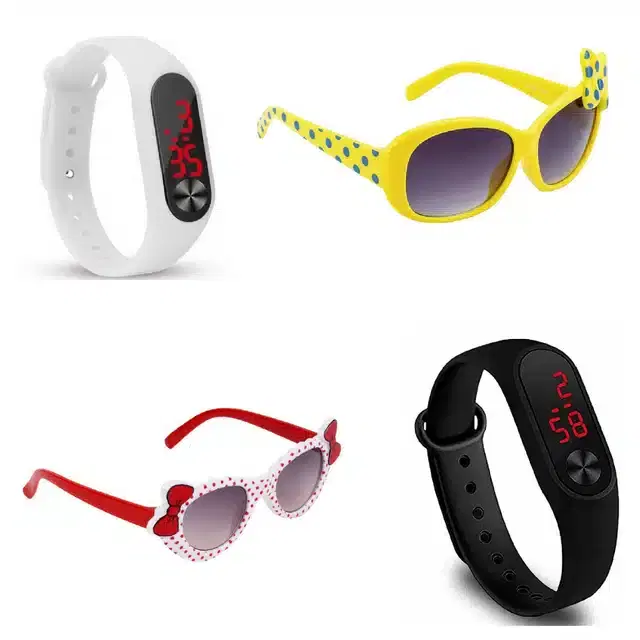 UV Protected Sunglass with Digital Watch for Boys & Girls, Set of 4 (Multicolor)