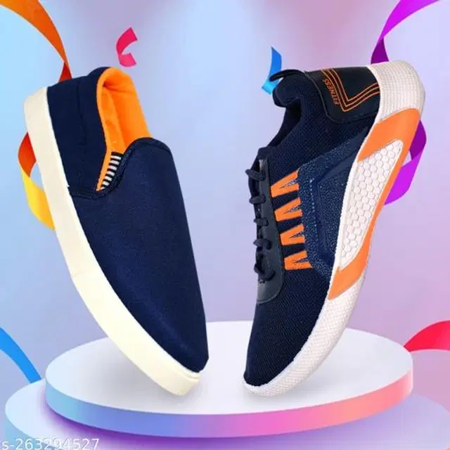 Loafers with Casual Shoes for Men, Pack of 2 (Navy Blue & Orange, 9)