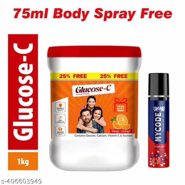 Glucose -C Orange Flavour Energy Powder, 1000 g with MYCODE Kiss Me Body Spray for Men, 75 ml, Set of 2