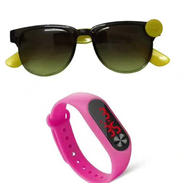 UV Protected Sunglass with Digital Watch for Boys & Girls, Set of 2 (Green & Pink)
