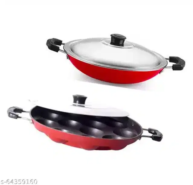 Xtend Non-Stick Appam Patra & Appachetty with Lid, Red, Pack of 2