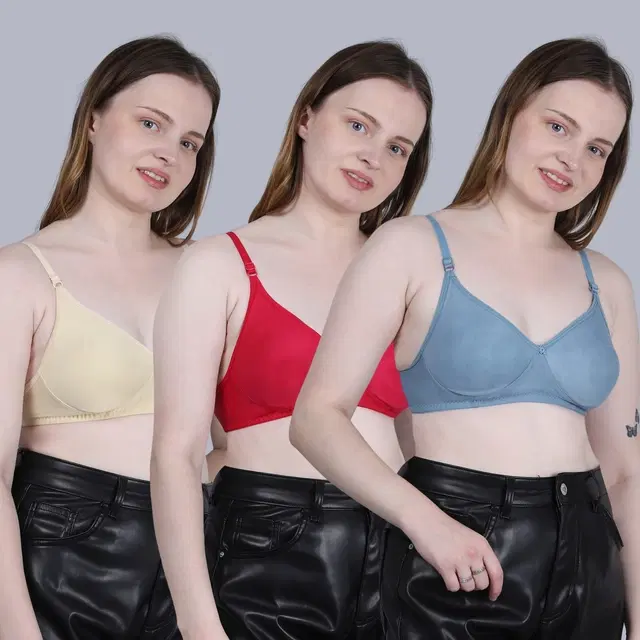 Cotton Non-Padded Bra for Women, Multicolour, Pack of 3 (32B)