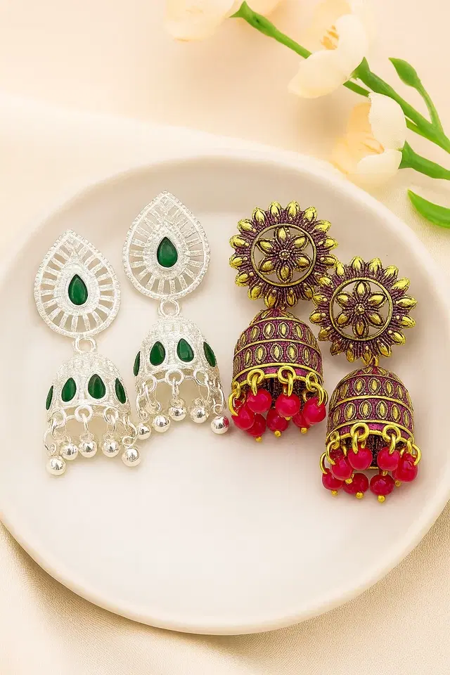 Women's Silver & Peach-Tone Ethnic Jhumka Earring Combo, Pack of 2, Pack of 2, Pack of 2