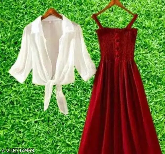 Poly Crepe Dress for Women (Maroon & White, S)