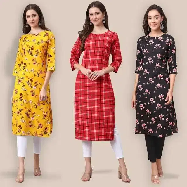 Women Crepe Printed Kurta, Pack Of 3 (Multicolor, XL) (SD-368)