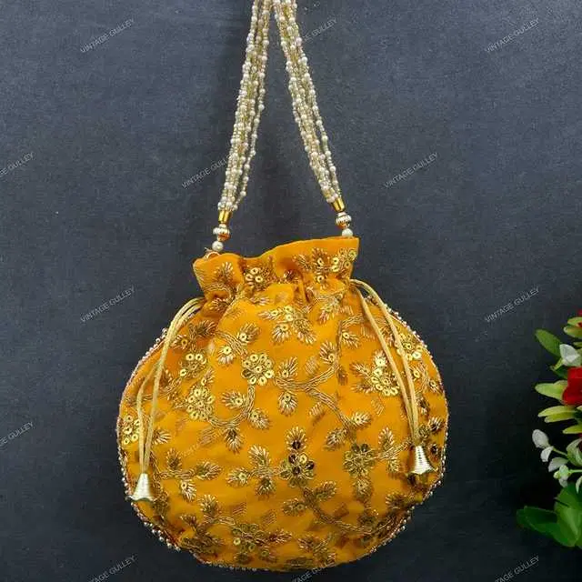 Velvet Ethnic & Traditional Handheld Potli for Women, Yellow, A-65