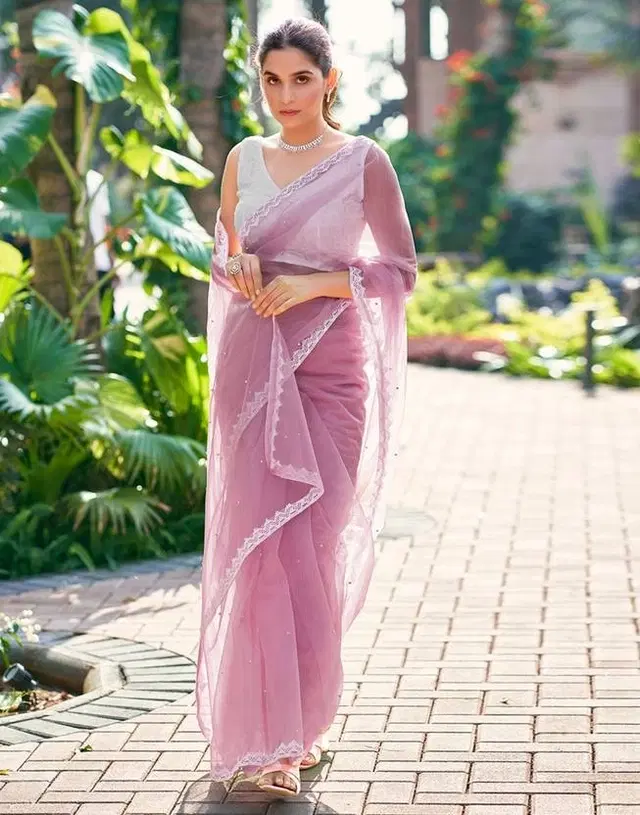 Net Embellished Saree for Women, Pink