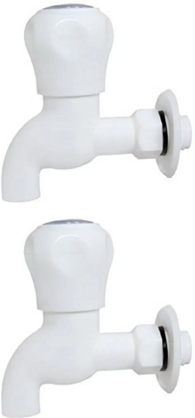Plastic Short Body Bib Cock Tap with Wall Flange, White, Set of 2