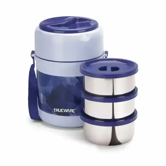 Trueware Office Plus 3 BPA Free Plastic Lunch Box with 3 Stainless Steel Containers 300 ml x 2, 200 ml x 1, Blue