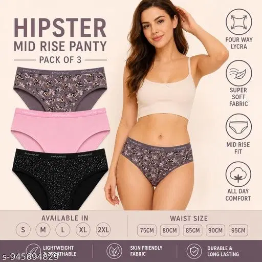 Evaara Printed Hipster Briefs for Women, Pack of 3 (Multicolor, S)
