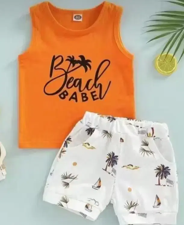 Printed Hoseiry Cotton Clothing Set for Kids ,Orange & White (12-18 Months)