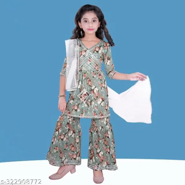 Dupion Silk Kurta Sets for Girls ( Green, 5-6 Years)