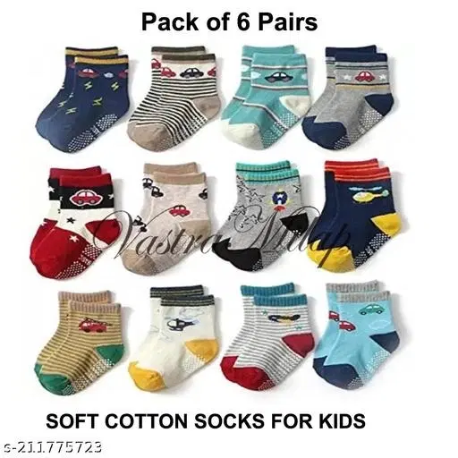 Cotton Socks for Kids, Set of 6 (Multicolor, 0-3 Months)