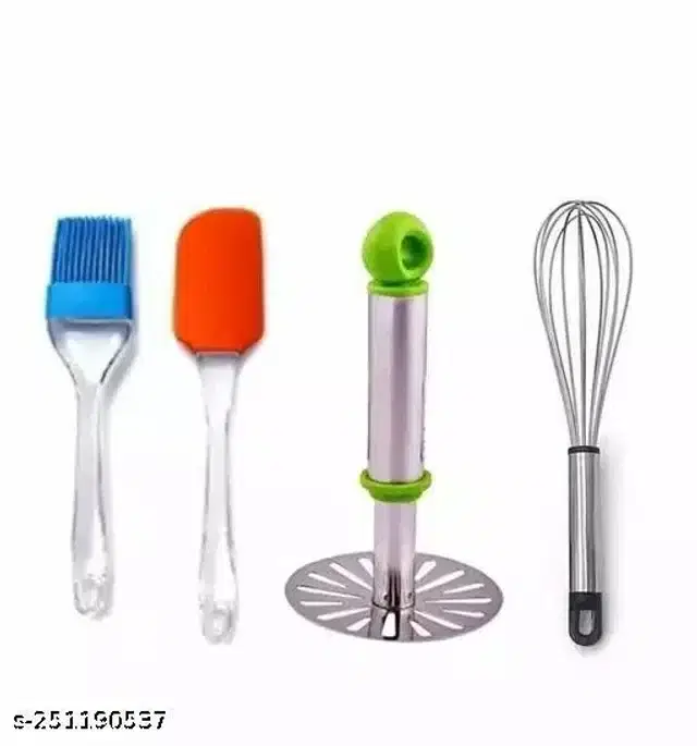Spatula, Oil Brush, Whisker & Masher, Assorted, Set of 4
