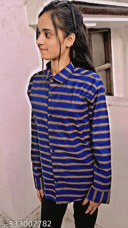 Cotton Blend Striped Shirt for Women, Blue (S)