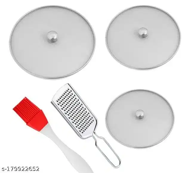 Metal Net Lids, 3 Pcs with Cheese Grater & Oil Brush, Red & Silver, Set of 5