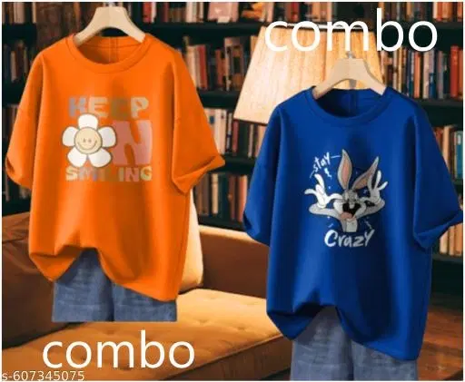 Cotton Blend Printed T-shirt for Women, Yellow & Blue, Pack of 2 (XXS)