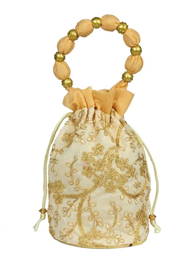 Silk Floral Ethnic Rajasthani Traditional Work Potli with Handle for Return Gifts, Gold