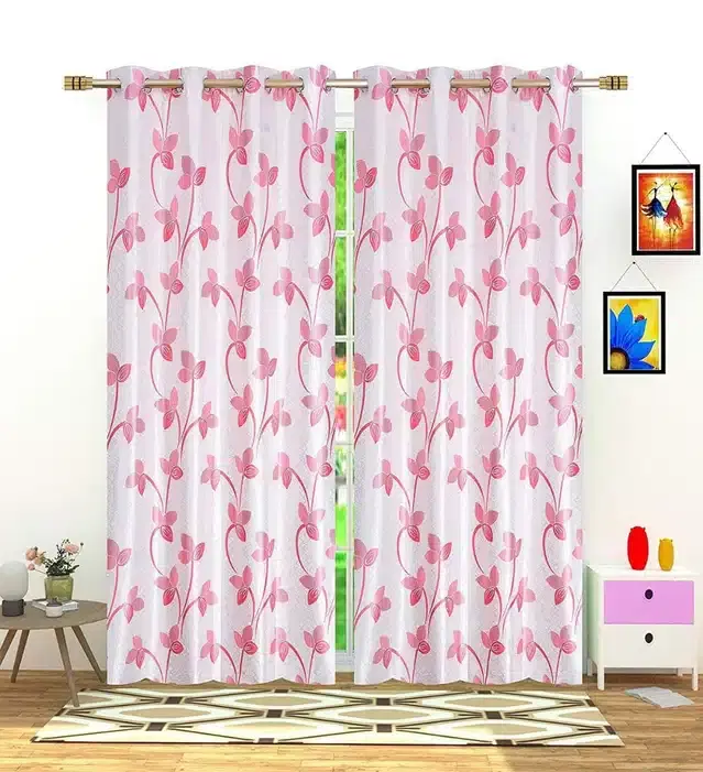 Polyester Printed Window & Door Curtains, Pack of 2, Pink, 7 feet