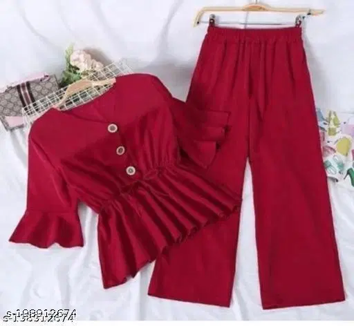 Polyester Solid Top & Bottom Set for Women, Maroon (XXS)