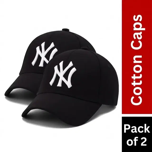NY Black Cotton Cap for Men - Pack of 2