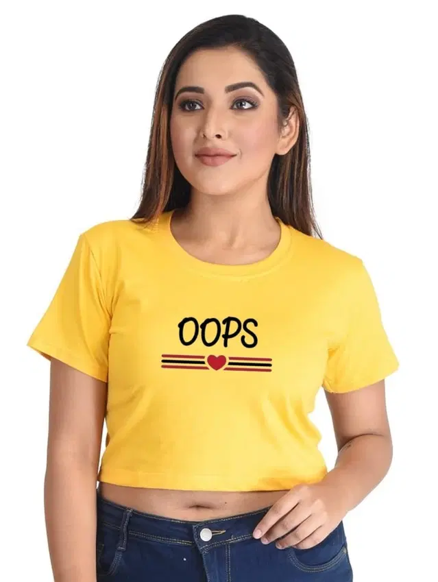 Cotton Blend Printed Top for Women (Yellow, S)