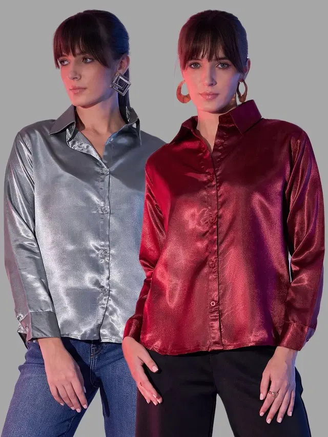 Full Sleeves Solid Shirt for Women, Pack of 2 (Grey & Maroon, XL)