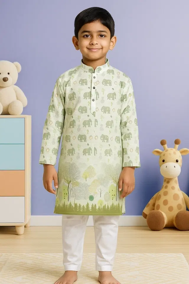 Cotton Blend Printed Kurta with Payjama for Boys, Green & White (6-12 Months)