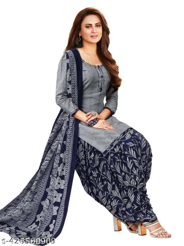 Crepe Printed Unstitched Suits Fabrics for Women (Navy Blue & Grey, 2.25 m)
