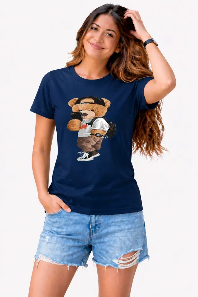 Cotton Blend Casual Tshirts for Women (Navy Blue, S)