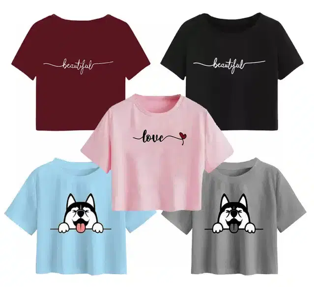 Cotton Printed Crop Tops for Girls, Pack of 5 (Multicolor, 14-15 Years)