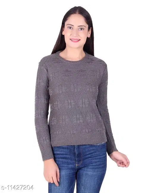Acrylic Solid Sweater for Women (Grey, XL)
