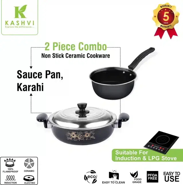 Non Stick Kadai with Stainless Steel Lid & Saucepan, Black, Set of 2