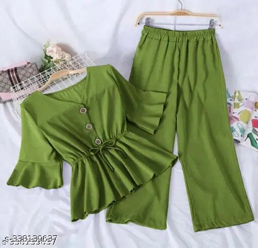 Polyester Solid Clothing Set for Girls, Olive (10-11 Years)