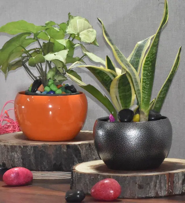 Metal Planter for Home, Orange & Orange, Pack of 2