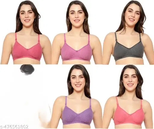 Cotton Solid Bra for Women & Girls, Multicolour, Pack of 5 (38B)