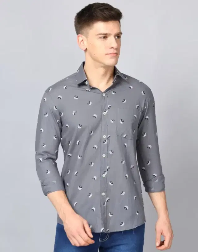 Cotton Printed Shirt for Men, Grey (M)