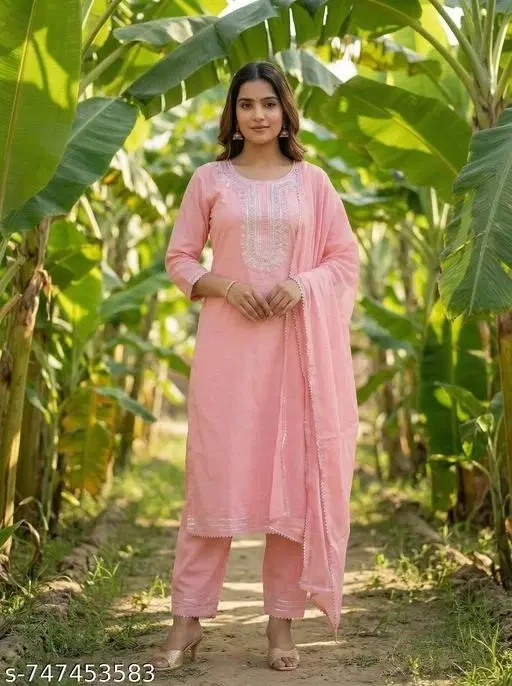 Embroidered Rayon Womens kurta sets Pink, (Size: M)