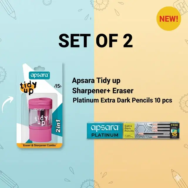Apsara Tidy up Sharpener+ Eraser and Platinum Extra Dark Pencil 10 pcs (Set of 11) Multicolor