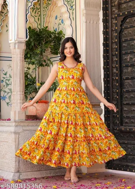 Rayon Printed Kurti for Women, Yellow (L)