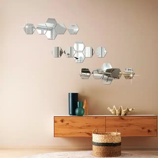 Acrylic Hexagon Shaped Wall Mirror Stickers, Silver, Pack of 18