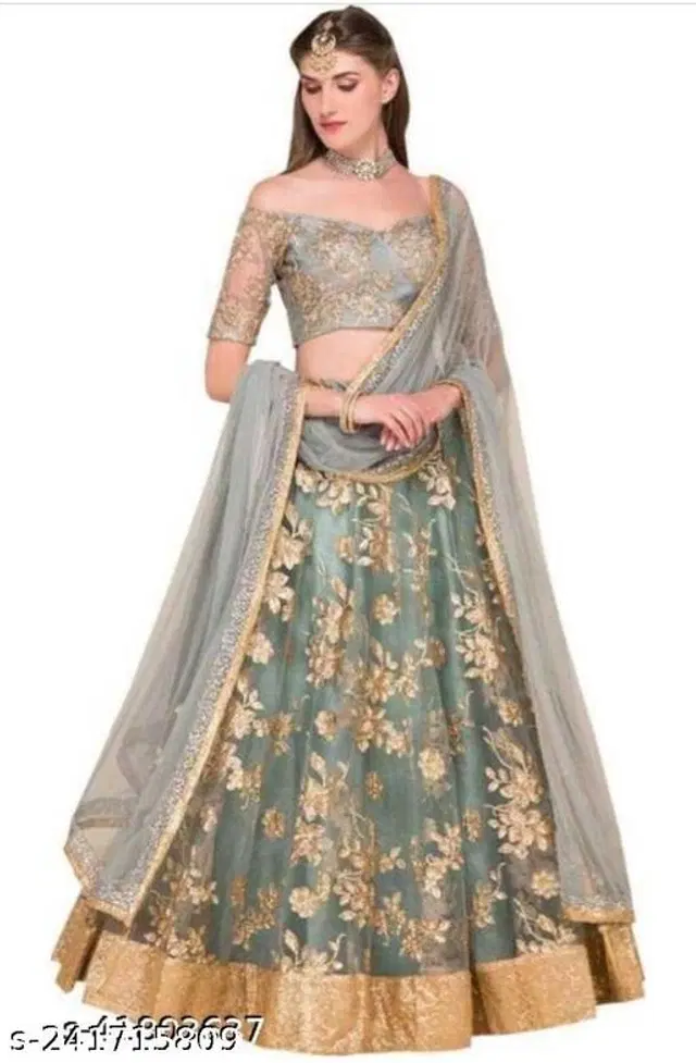 Net Lehenga with Choli & Dupatta for Women (Grey, Free Size)