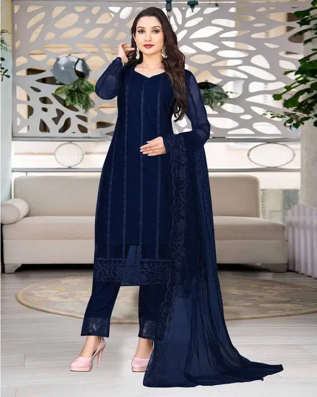 Net Solid Kurta Set with Dupatta for Women (Blue, XS)