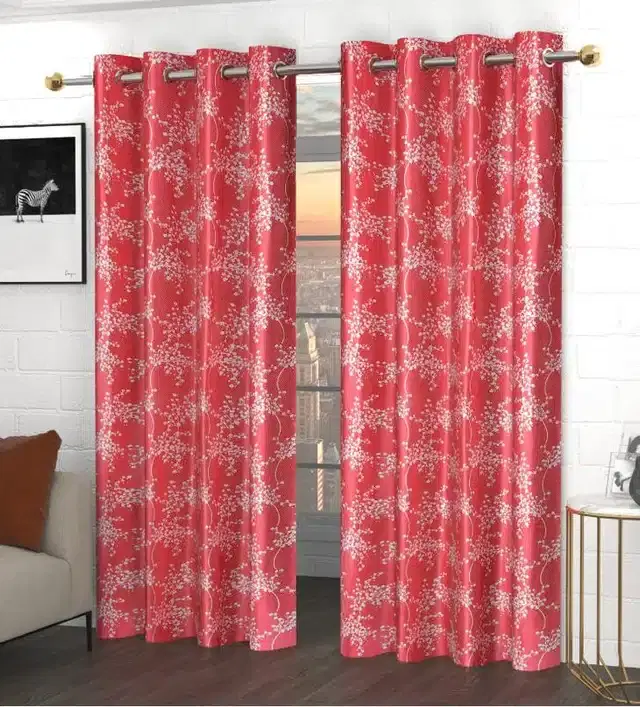 Printed Window & Door Curtains, Pack of 2, Pink, 5 feet