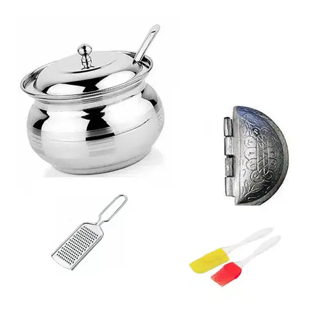 Stainless Steel Cheese Grater, Oil Brush Set, Gujiya Maker & Ghee Pot with Spoon, 250 ml, Combo of 4